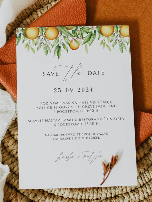 Šarmantna pozivnica za vjenčanje s detaljima naranča i i mediteranskim osjećajem