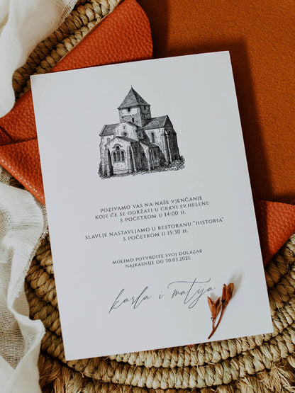 Pozivnica za vjenčanje s vintage crtežom crkve i rustikalnim dizajnom za klasično vjenčanje