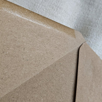 Detalj otvorene craft kuverte, prikaz teksture i prirodnog materijala, idealno za ekološka vjenčanja